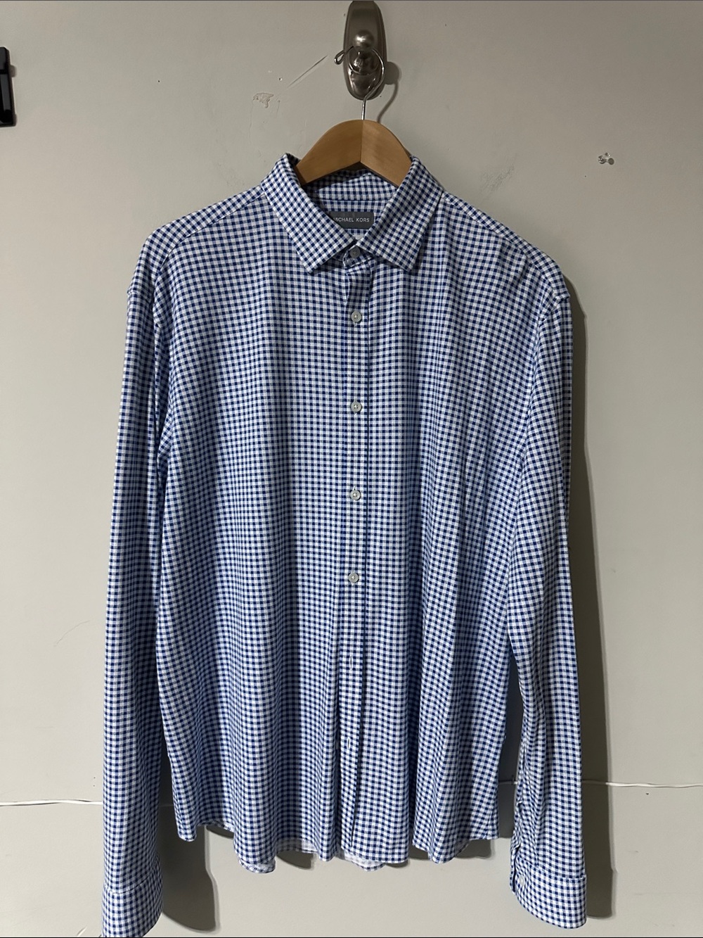 Michael Kors Men’s Slim Fit Blue White Gingham Fine Gauge Knit Shirt Size L